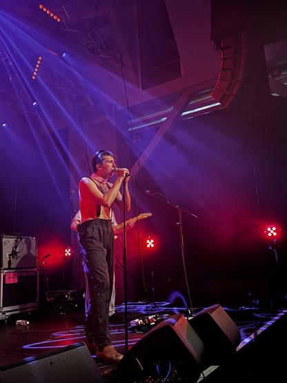 Vocalist with shades on head singing into mic. The pic looks a bit like it’s by ai 😳