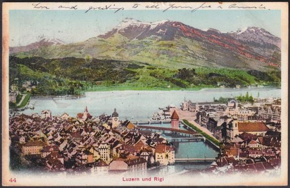 Printed colour postcard showing a panoramic view of Luzern or Lucerne in Switzerland, and with Mount Rigi behind.

Publisher not stated, No 44, undivided back.

Postally used on 22 August 1904 with Luzern cancellations on red 10r stamp and sent to Miss Fisher, 29 Lansdown Crescent, Cheltenham, England.

Good condition, with very slight corner bumps and medium album marks, but some discolouration to the left edge.