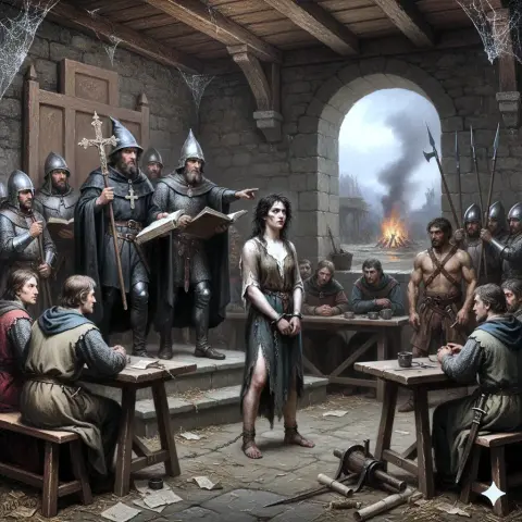generata AI alto medioevo con tribunali, streghe e inquisitori