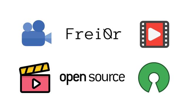 The words "Frei0r" and "open source" next to a a video camera icon, a video player icon, a video clapper icon, and the Open Source Initiative logo on a white background.