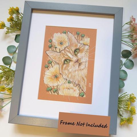 A small portrait drawing of a pale tabby cat with large pale yellow flowers in the background. The drawing is on terracotta toned paper.
An original art work, please note that the frame is not included.
Colour pencil and mixed media on acid free toned artist paper
5 by 7 inches (12.7 by 17.8 cm).