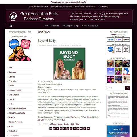 Beyond Body
Screenshot of the podcast listing on the Great Australian Pods website