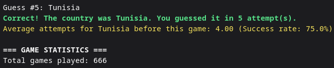 بخشی از خروجی بازی Worldle که نشان میدهد ۶۶۶ـمین کشور بازی شده تونس
