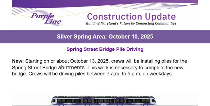 Spring Street Bridge Pile Driving

﻿

New: Starting on or about October 13, 2025, crews will be installing piles for the Spring Street Bridge abutments. This work is necessary to complete the new bridge. Crews will be driving piles between 7 a.m. to 5 p.m. on weekdays.