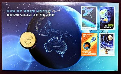 2024 Australia $1 PNC "Out of this World":
PNC with coin showing reverse, image of the globe at night showing lights of Australia, four stamps top-right Text: "Out of this World, Australia in Space"