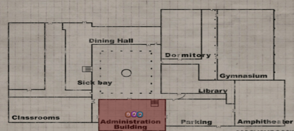 A map of the school that is the setting for the game ObsCure for PS2.
It has numerous buildings that are all named.

There is a building in the top left that is not named and is not used in the game.