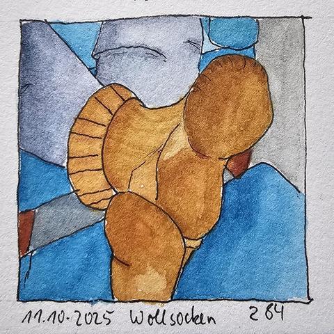 Aquarellskizze: Übereinandergelegte, auf einem Hocker abgelegte Füße in dicken Wollsocken.