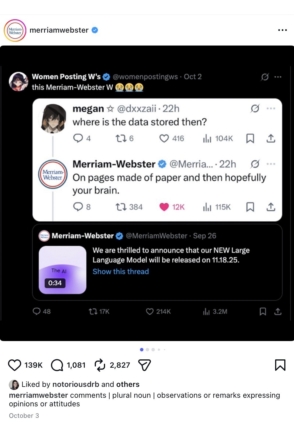 user: “Where is the data stored then?” Merriam-Webster: “On pages made of paper and then hopefully your brain.”