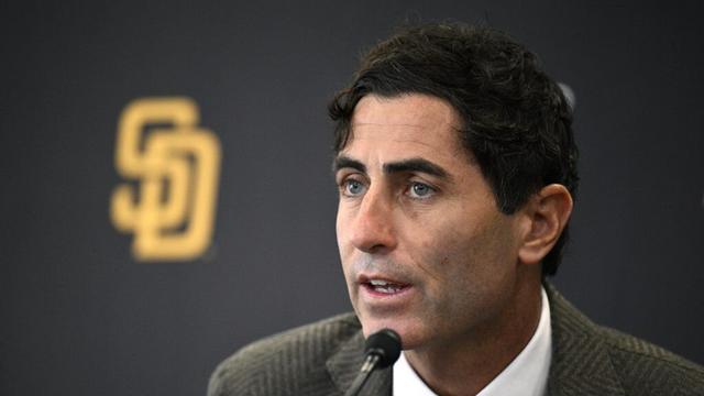 Nov 21, 2023; San Diego, CA, USA; San Diego Padres president of baseball operations and general manager A.J. Preller speaks to the media during a press conference announcing the hiring of manager Mike Shildt (not pictured) at Petco Park. Mandatory Credit: Orlando Ramirez-Imagn Images