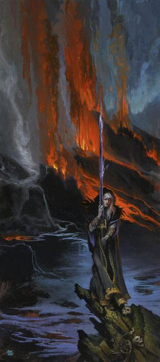Elric stands on an outcrop of rock with skulls at his feet. He wears a black hooded cloak trimmed in gold and jeweled bracers. He cradles Stormbringer as the length of the runesword, glowing purple, extends well above his head. Below him water spills frothy onto the shore but as it stretches back, placid and glassy, it gives way to erupting vents of lava.
