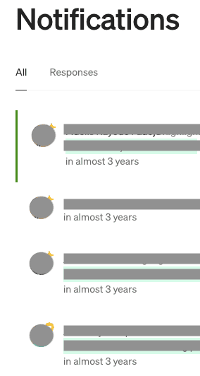 Notifications list showing 4 items that are blurred out except for the timestamp: in almost 3 years