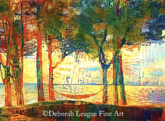 Hammock By The Choptank River. Colorful image of a hammock stretched between two trees on the shore of the Choptank River in Maryland as the sun goes down. The sun glistens on the water and illuminates the trees and hammock in its golden glow.