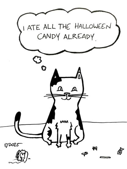 a cat with black spots sits and thinks "i ate all the halloween candy already."