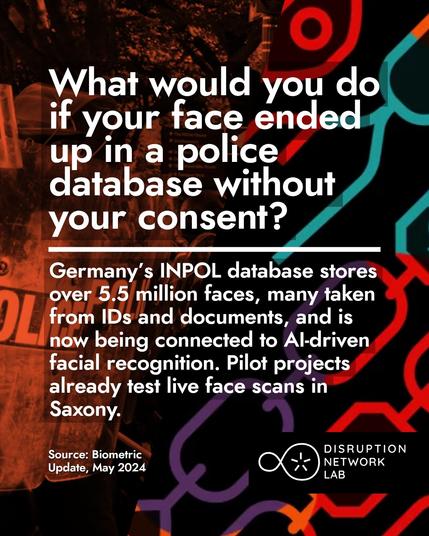 What Would You Do Post Series
The post has a background that is half colorful patters and the other half an abstract image where the word POLICE can be seen. In the foreground there is bold white text that reads: What would you do if your face ended up in a police database without your consent?
Germany’s INPOL database stores over 5.5 million faces, many taken from IDs and documents, and is now being connected to AI-driven facial recognition. Pilot projects already test live face scans in Saxony.
