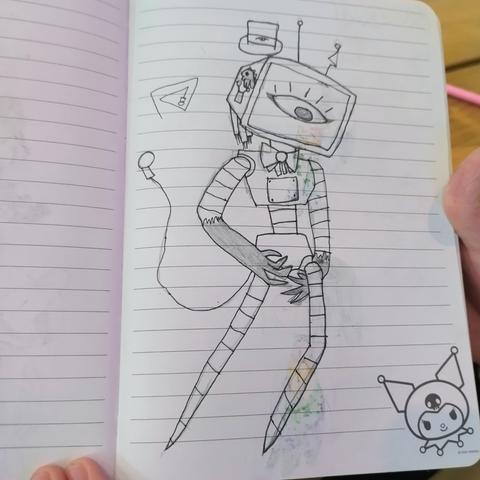 A line drawing of a robot with an old fashioned CRT style monitor for a head with a single eye.