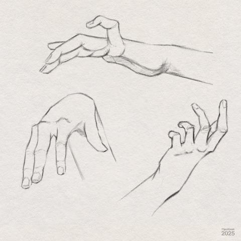 Digital graphite sketches of three different hands.