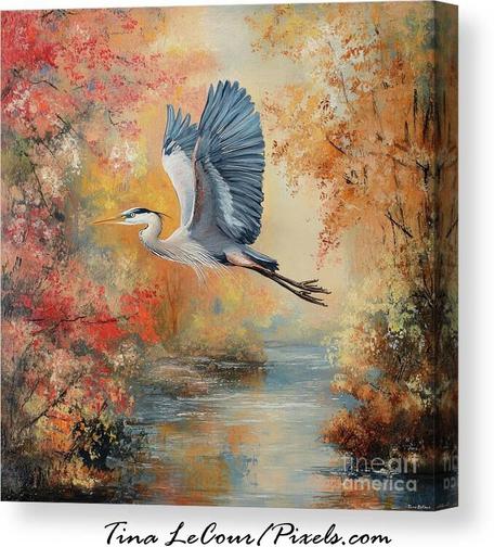 This is a canvas of painted Blue Heron bird flying over a river with colorful autumn trees and shrubery.