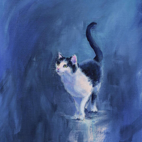 A black and white Tuxedo cat stands in front of a dreamy abstract background in various shades of blue and gazes curiously upwards. Soft, loose, abstract brushstrokes create a sense of depth and movement around the cat. The cat's tail is raised in a curved shape.
Happy Tuxedo Cat is an acrylic painting in portrait format hand-painted by the artist Karen Kaspar.
Here I have chosen a section of the painting in square format. You can choose the format that best suits your wall.