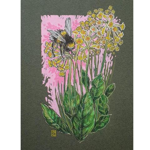 A small drawing of a garden bumblebee sitting on yellow cowslip flowers with a pink background. The drawing is on dark green paper.
Garden bumblebees are common across the UK. They have distinctive white tails and long faces that hold a tongue that's used to reach the nectar at the bottom of deep florets. Cowslips are one of their favourite sources of nectar.
An original art work, please note that the frame is not included.
Colour pencil and mixed media on acid free toned artist paper
5 by 7 inches (12.7 by 17.8 cm).