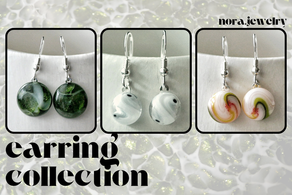 earring collection: this one shows a sparkly green aventurine pair of round earrings, one that's white/grey/clear with black spots (that one's made from spiral cane that I made flat and you can see the spiral in the final design) and one with swirling green, yellow and pink set in white.

all the backgrounds on all of these are an aventurine dragonskin sheet that i put at low transparency over white, so they have a lacy quality to them.