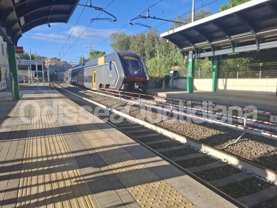 Treno regionale in fermata sulla linea FL2 con passeggeri in attesa sulla banchina.