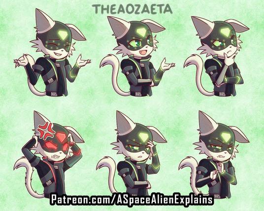 Digital art illustration of a sci-fi cat furry showing various poses and expressions. Art by TheaOzaeta. Artist website Patreon.com/ASpaceAlienExplains