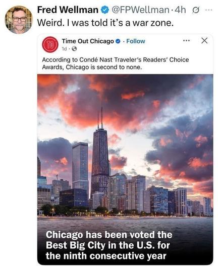 Tweet from Fred Wellman: “Weird. I was told it’s a war zone.”
Below is a Time Out Chicago post showing a scenic city skyline at sunset with the text: “Chicago has been voted the Best Big City in the U.S. for the ninth consecutive year.”