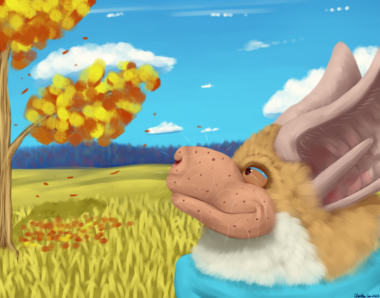 A side portrait of a pallid bat wearing a light blue scarf. They have a smile on their face as they look upwards towards a partly cloudy blue sky. Behind them is a grassy field of yellow grass and a tree with red, orange, and yellow leaves. the leaves are gently falling out of the tree and into a small pile near the base. Behind the grassy field is a autumn forest on a series of rolling hills on the horizon.