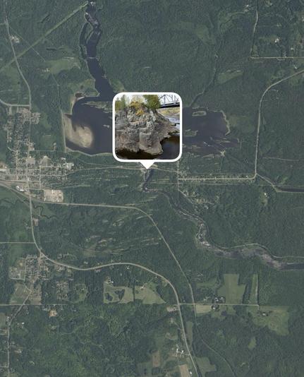 Satellite image with the location of the outcrop shown. The St. Louis River has continuous exposure of the Thomson Fm towards the ESE. Town of Carlton to the west.