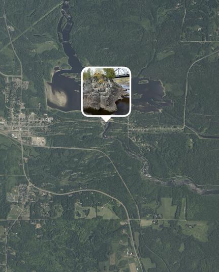 Satellite image with the location of the outcrop shown. The St. Louis River has continuous exposure of the Thomson Fm towards the ESE. Town of Carlton to the west.