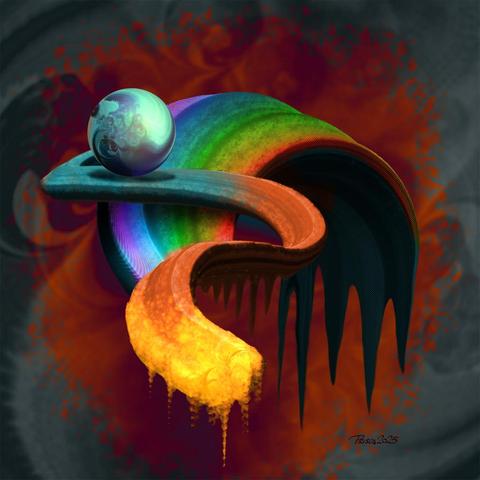 watercolour; an arch if stone with rainbow tinted surface sits in the centre, it bottom right melting into liquid; a waves snakes around towards the foreground, blue at the back blending into hit orange with a fiery end; a marble (earth) rolls along the curve.