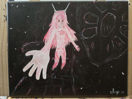 painting of my take on Ayre from armored core 6
her hand is outstretched to the viewer and there's a ghostly image of her mech in the background with its hand outstretched 
she has long pink hair with the little robot ears from her mech and she has the mech's face design on her chest