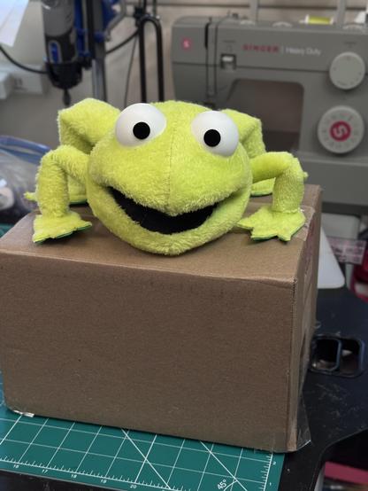 A green fog puppet on a box