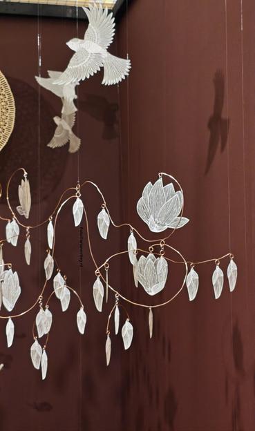 Een mobile met filigrane natuur motieven welke uit wit papier gesneden zijn

Ein Mobile mit filigranen Naturmotiven welche aus weißem Papier geschnitten sind
