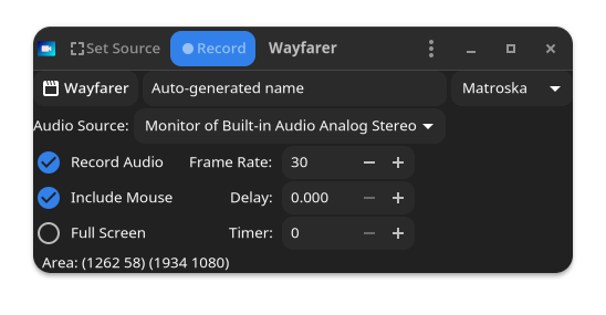 🕶️ A view of its UI (small size, dark theme) with blue record button, checkboxes and settings (Frame Rate, Delay, Timer), container type selection (Matroska), "Full Screen" option (unchecked), current recording area (coordinates).

📚️ Wayfarer is a libre, multi-platform screen video capture tool (aka Screencast; for software demonstration, for example) for GNOME. In particular, it allows recording (in several video/audio formats and codecs) of the entire screen or a zone. It supports Wayland and Xorg, Pipewire, Pulseaudio and libportal.