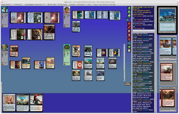 🕶️ A view of its UI with a multiplayer game (4 players) in progress (and me as a spectator), showing the quality of its cards. The interface displays a status bar for each player, as well as the layout of the cards he has placed on the table. On the right-hand side, there's an area for player messages, and another for system messages.

📚️ XMage is a libre, multi-platform, single-player (AI) and multiplayer (client/server, up to 10 simultaneous human/IA players online) Magic: the Gathering game on a virtual table, with cards downloaded from its interface. It includes complete rules for over 30,000 unique cards and more than 75,000 reprints of various editions, including customized games such as Star Wars. It supports single matches and tournaments with dozens of game modes (duel, multiplayer, standard, modern, commander, pauper, oathbreaker, historic, freeform, richman, ...), and player evaluation.