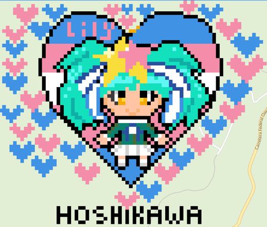 A chibi sprite rendition of Lily Hoshikawa from Zombieland Saga. Behind her is a big trans heart background with tons of hearts surrounding her