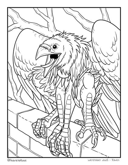 Line art illustration of an anthro raven perched on a brick wall, with beak open in a croak and bare winter branches in the background.