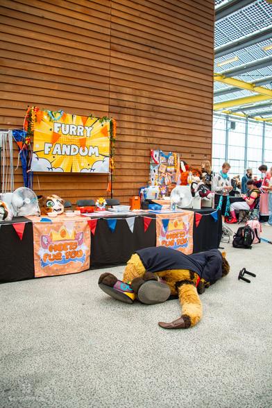A meerkat fursuiter laying in the dead 'meme pose' derived from family guy in front of the MeetsFurYou stand.
