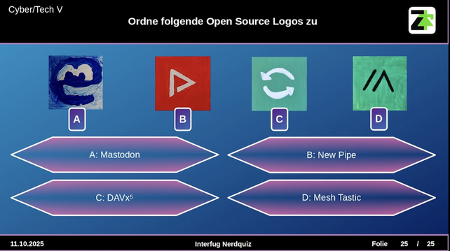 Bild zeigt Screesnshot der letzten Quizfrage "Ordne folgende Open Source Logos zu ..."