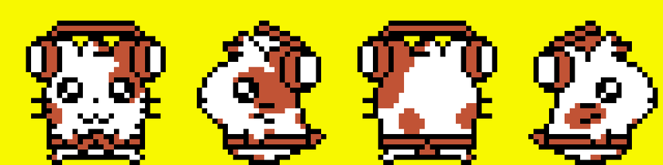 Sprite turnaround for Rocko the Hamster in the style of Hamtaro Ham-Hams Unite for the Game Boy Color. He's wearing some headphones and a sash over his waist