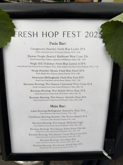 Beer menu showing a list of fresh hop beers