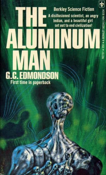 Cover for The Aluminum Man. Powers' depicts the titular aluminum man -- no distinct features. Rather a composite of plates, with a face for a shoulder, etc