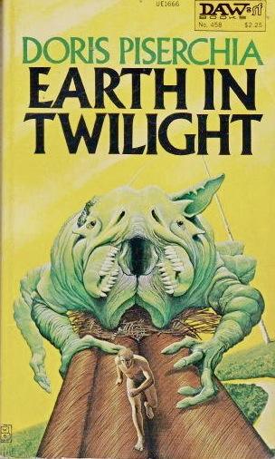 Cover for Earth in twilight. A green creature with what look like a sideways mouth chases a man up a trunk.