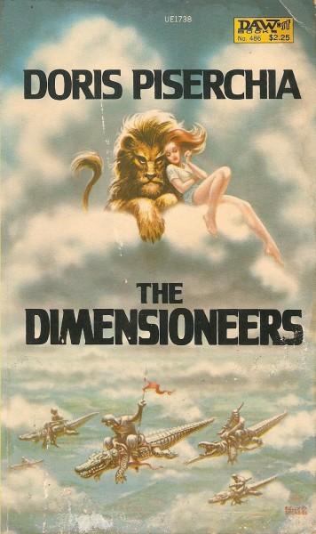 Cover for The Dimensioneers. Girl and lion hang out in the clouds. Various people fly crocodiles below.
