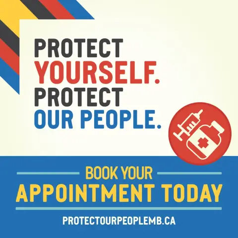 This image is a public health campaign poster which aims to encourage people to take action to protect both themselves and their community. The main message on the poster is "PROTECT YOURSELF. PROTECT OUR PEOPLE." which is displayed in bold, capitalized letters across the center of the top half of the poster.

To the right-hand side of this central message is a graphic icon that represents medical services – it shows a syringe next to a pill bottle with a cross, indicating vaccination or medication as methods for health protection.

Below the main text, there's an action-oriented call to booking an appointment, stated as "BOOK YOUR APPOINTMENT TODAY". This is written in a larger font size to ensure visibility and urgency.

The poster also includes a website address at the bottom which is "PROTECTOURPEOPLEMB.CA", likely providing further information or directing individuals to where they can book an appointment.

The color scheme of the poster uses vibrant colors including yellow, red, blue, and white which are often associated with trustworthiness, caution, attention, and cleanliness, reinforcing themes of safety and health care.

Additionally, the design incorporates diagonal stripes in multiple colors at the corners on the left-hand side, adding visual interest while maintaining focus on the primary message of the poster.