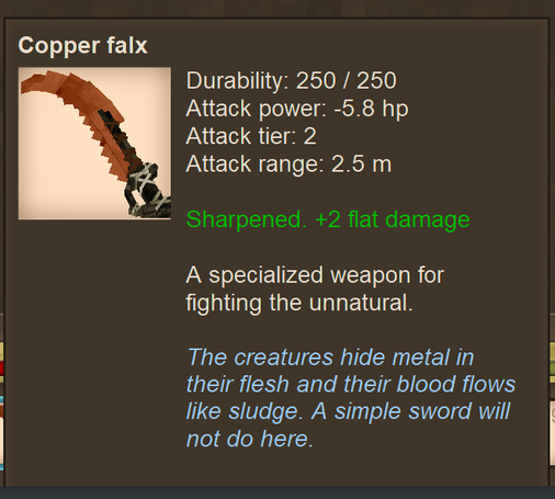 A falx blade saw-toothed sword-like weapon is shown with the standard weapon statistics but it now shows "Sharpened. +2 flat damage" highlighted in green.