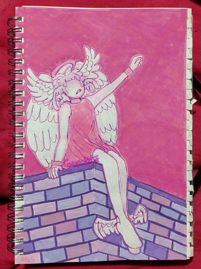 A traditional mixed media drawing of an angel with no eyes sitting on a building ledge and reaching out into the distance. The entire drawing is pink, white, and purple.