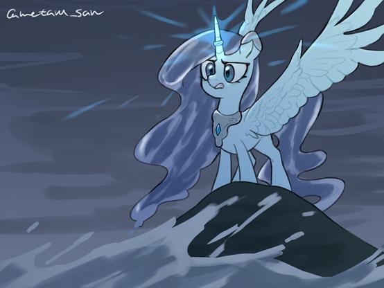 My OC pony Diamond Spirit is using her magic to the ocean to calm it down. Her wings are spread, and she looks serious. She is on the big rock, and it is cloudy.