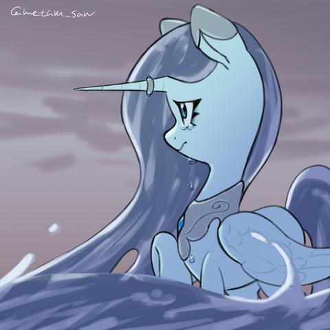 My OC pony Diamond Spirit is in the ocean, and crying. Her tears drop to the ocean. She is looking up at the left of the drawing, folds her wings, and her right hoof is been raising.
